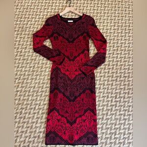 ECI Dress - Women’s Medium Red Black - Sweater Knit Midi Patterned Bodycon